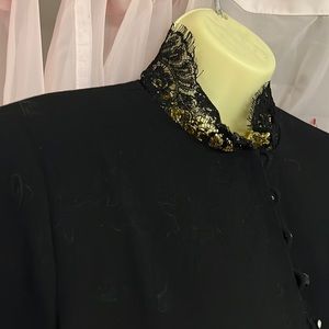 Elegant  classic lace collar black wool gabardine dress Ellen Tracy sz8